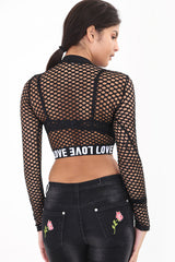 Love Print Fishnet Crop Top