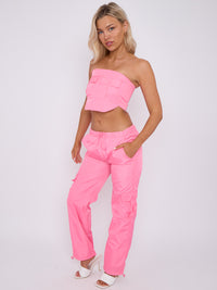 Cargo Style Bandeau Crop Top & Trouser Shell Co-ord - Neon Pink