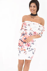 Mesh Frill Floral Print Bardot Dress