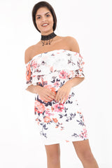 Mesh Frill Floral Print Bardot Dress