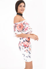 Mesh Frill Floral Print Bardot Dress