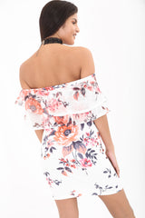 Mesh Frill Floral Print Bardot Dress