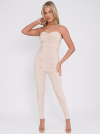 Slinky Ruched Bodycon Fit Bandeau Jumpsuit - Stone
