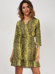 Snake Print Wrap Front Belted Dress
