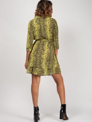 Snake Print Wrap Front Belted Dress