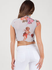 Cupid Print Mesh Crop Top