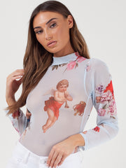 Cupid Print Mesh Bodysuit
