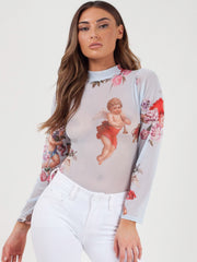 Cupid Print Mesh Bodysuit
