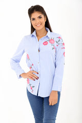 Front And Sleeve Floral Embroidered Striped Shirt Top