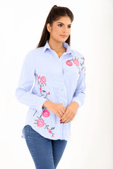 Front And Sleeve Floral Embroidered Striped Shirt Top