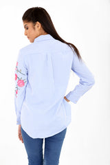 Front And Sleeve Floral Embroidered Striped Shirt Top