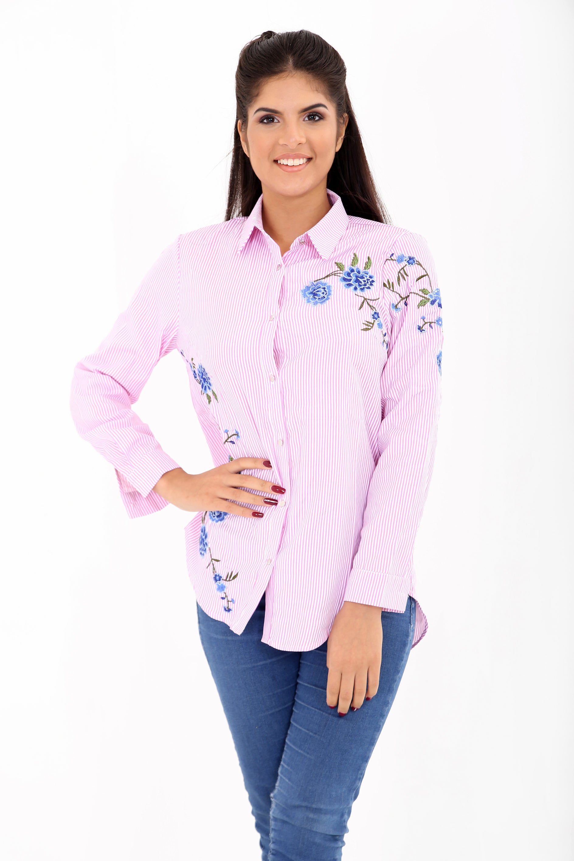 Ladies Clothing And Shoe Wholesaler Stylewise Direct UK Front And Sleeve Floral Embroidered Striped Shirt Top Ladies Clothing And Shoe Wholesaler Stylewise Direct UK Front And Sleeve Floral Embroidered Striped Shirt Top