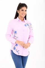 Front And Sleeve Floral Embroidered Striped Shirt Top