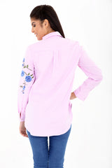 Front And Sleeve Floral Embroidered Striped Shirt Top