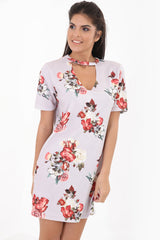 Bloemenrode rose print choker nek shift jurk