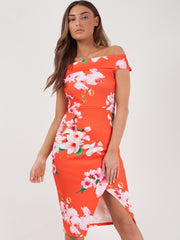 Vestido de bardot frontal de envoltura de estampado floral