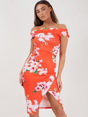 Vestido de bardot frontal de envoltura de estampado floral