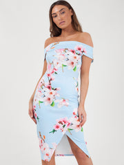 Vestido de bardot frontal de envoltura de estampado floral