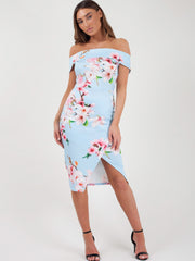 Vestido de bardot frontal de envoltura de estampado floral