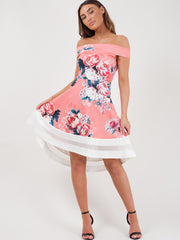 Rose Floral Print Mesh Insert Bardot Skater Dress