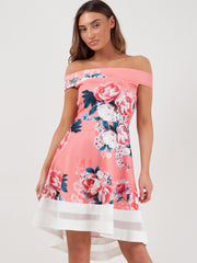 Rose Floral Print Mesh Insert Bardot Skater Dress