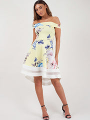 Rose Floral Print Mesh Insert Bardot Skater Dress