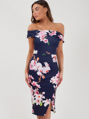 Vestido de bardot frontal de envoltura de estampado floral