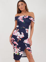 Vestido de bardot frontal de envoltura de estampado floral