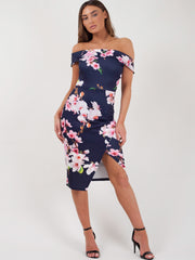 Vestido de bardot frontal de envoltura de estampado floral