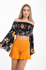 Funnel manga floral shirred bardot top