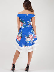 Rose Floral Print Mesh Insert Bardot Skater Dress