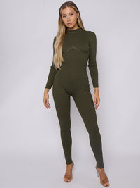 Corset Style Ribbed Jumpsuit - Olive