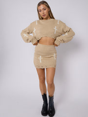 Crucifix Detail Knitted Crop Top & Mini Skirt Co-ord