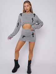 Crucifix Detail Knitted Crop Top & Mini Skirt Co-ord