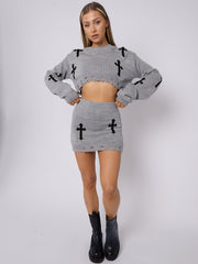 Crucifix Detail Knitted Crop Top & Mini Skirt Co-ord