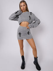 Crucifix Detail Knitted Crop Top & Mini Skirt Co-ord