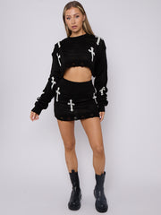 Crucifix Detail Knitted Crop Top & Mini Skirt Co-ord