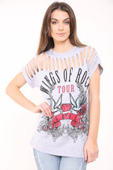 Laser Cut Front Wings Of Rock Printed T-Shirt