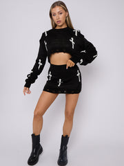 Crucifix Detail Knitted Crop Top & Mini Skirt Co-ord