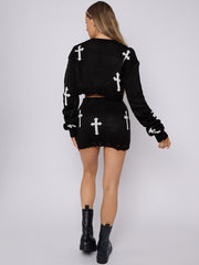 Crucifix Detail Knitted Crop Top & Mini Skirt Co-ord