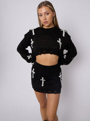 Crucifix Detail Knitted Crop Top & Mini Skirt Co-ord