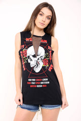 Mesh Insert Skull Print Vest Top