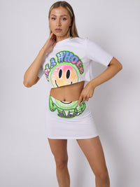 Smiley Graphic Crop Top & Rok coördin - White