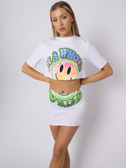 Smiley Graphic Crop Top & Skirt Co-ord