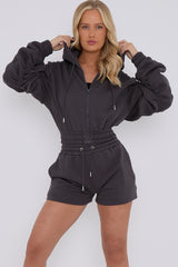 Cropped Zip Up Ruched Sleeve Hoodie & Shorts Fleece Co-ord
