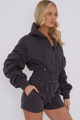 Cropped Zip Up Ruched Sleeve Hoodie & Shorts Fleece Co-ord