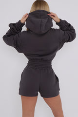 Cropped Zip Up Ruched Sleeve Hoodie & Shorts Fleece Co-ord