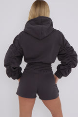 Cropped Zip Up Ruched Sleeve Hoodie & Shorts Fleece Co-ord