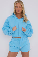 Cropped Zip Up Ruched Sleeve Hoodie & Shorts Fleece Co-ord