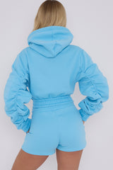 Cropped Zip Up Ruched Sleeve Hoodie & Shorts Fleece Co-ord